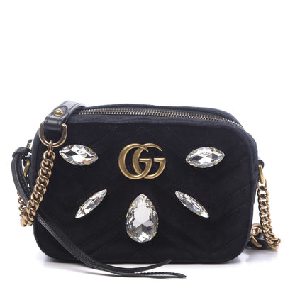 Gucci Velvet Matelasse Marquise Crystals Mini GG Marmont Chain Shoulder Bag Black 1 of 10