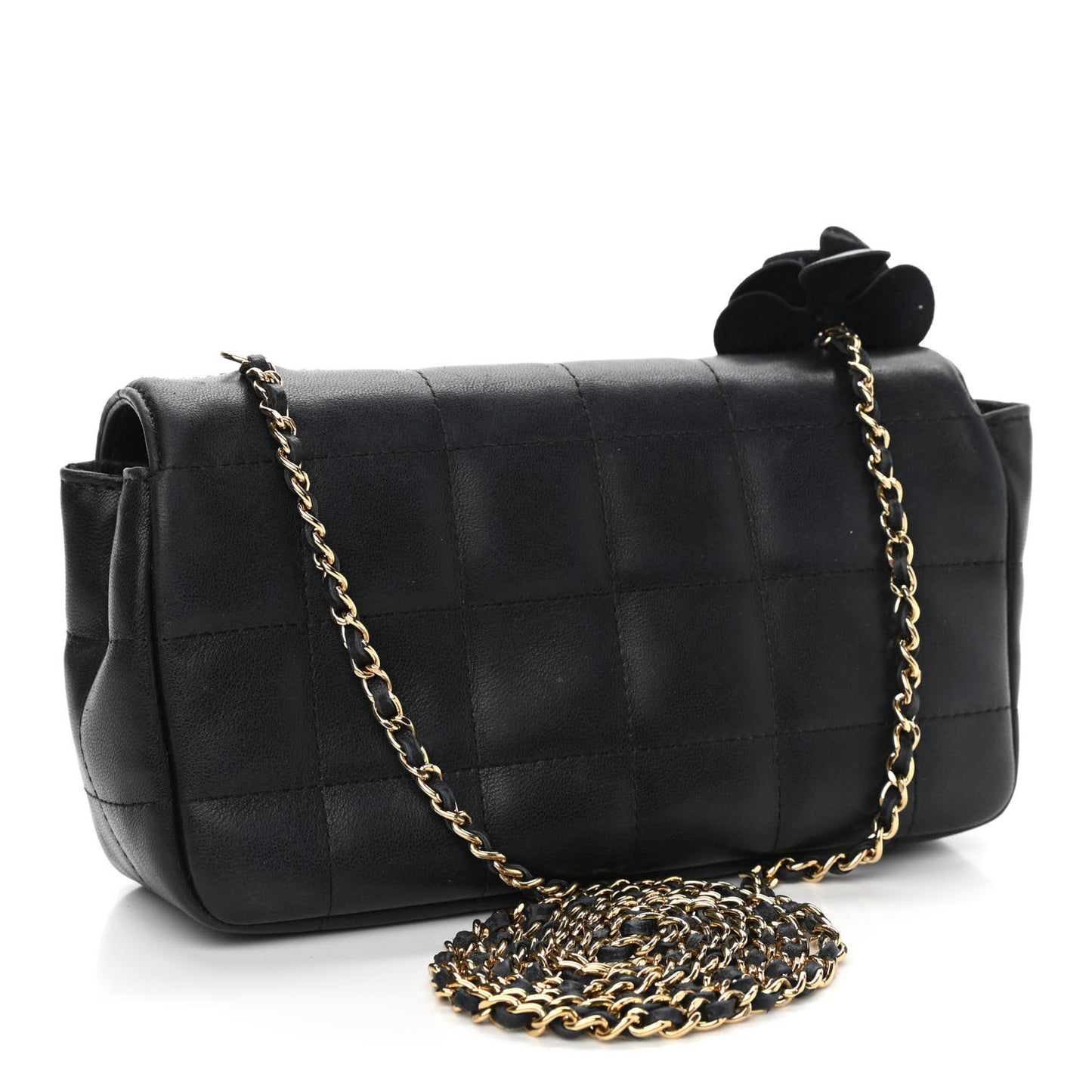 Lambskin Quilted Mini Chocolate Bar Camellia Flap Black