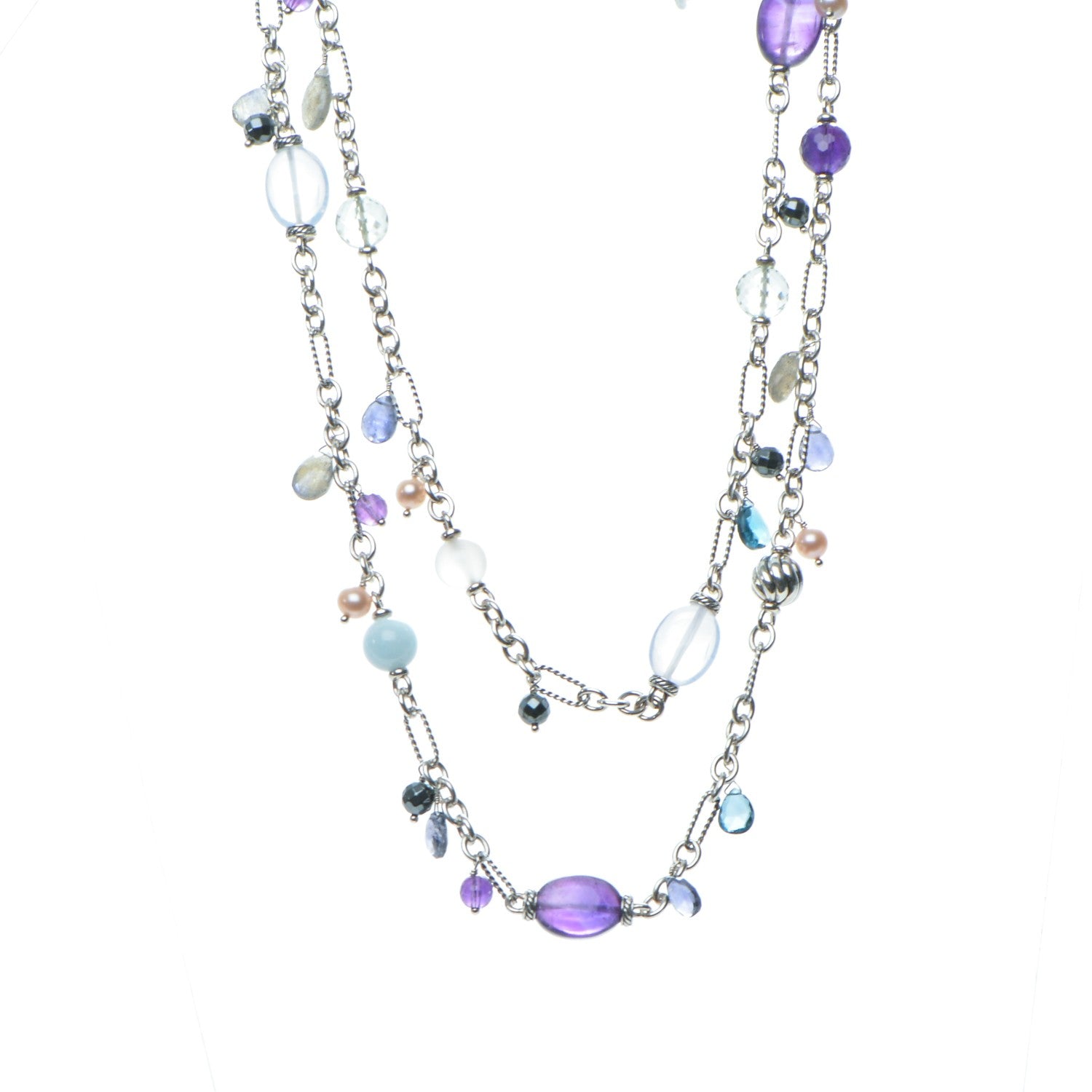 David Yurman Sterling Silver Pearl Amethyst Chalcedony 15mm Figaro Chain Necklace 1 of 5