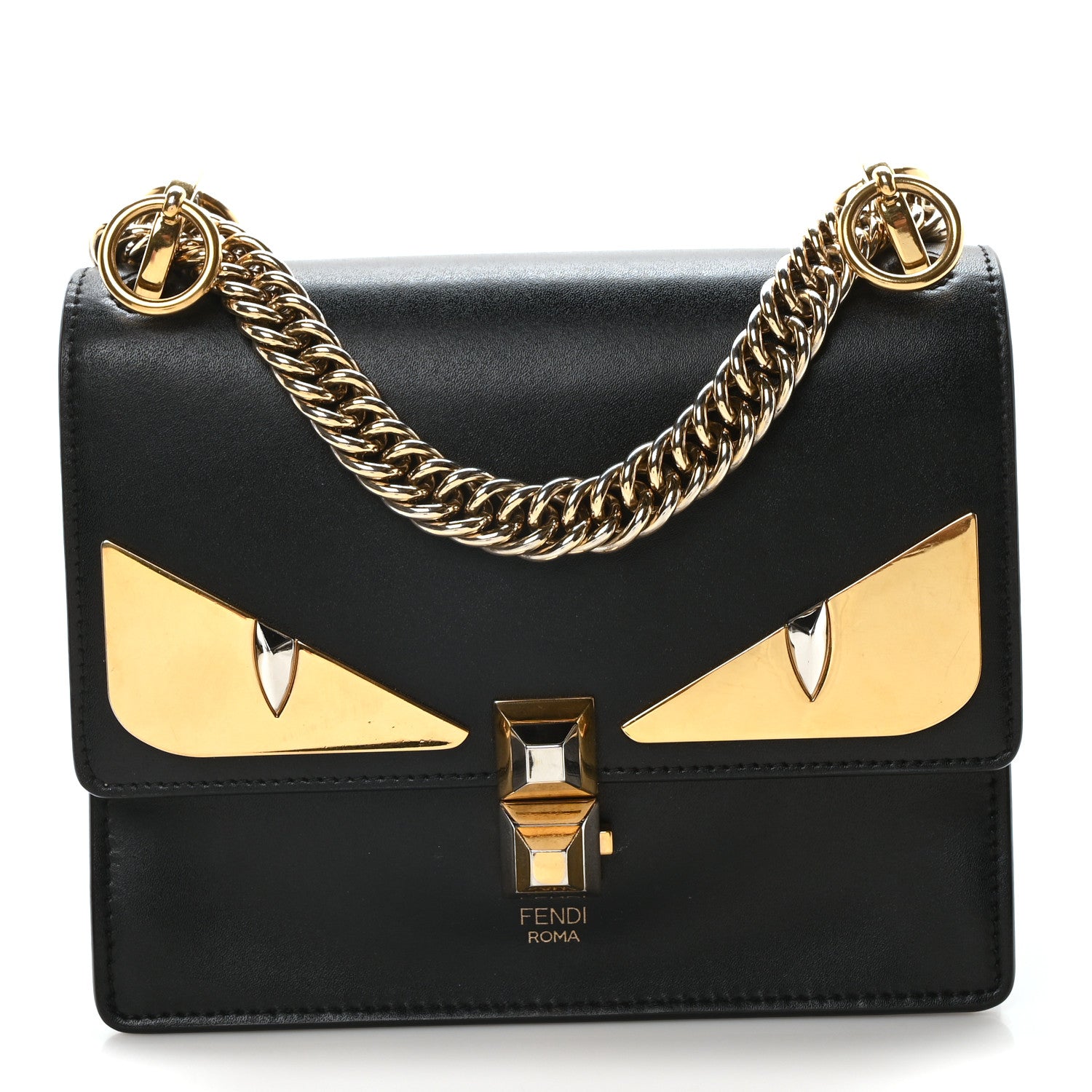 Fendi Vitello Liberty Metal Monster Eyes Small Kan I Shoulder Bag Black Gold 1 of 10