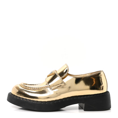 Prada Metallic Brushed Calfskin Metal Triangle Logo 50mm Loafers 39.5 Platino 1 of 8