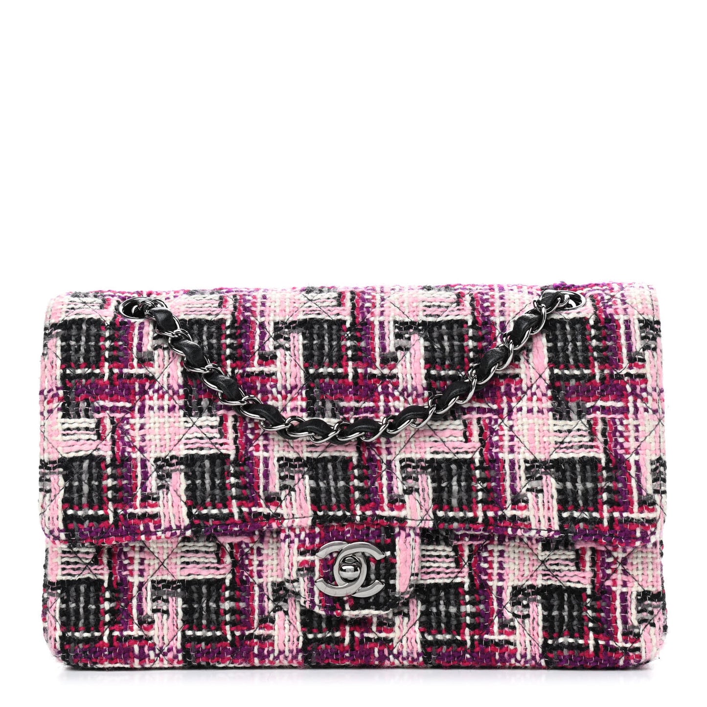 Tweed Quilted Medium Double Flap Pink Black
