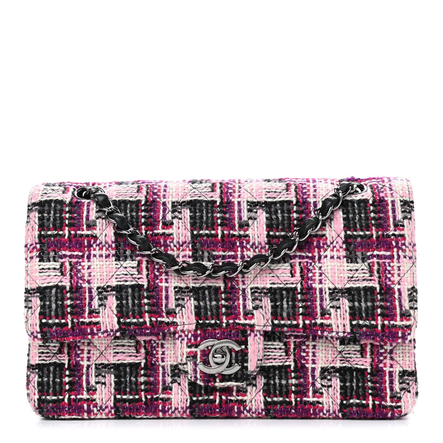 Chanel Tweed Quilted Medium Double Flap Pink Black 1 of 13