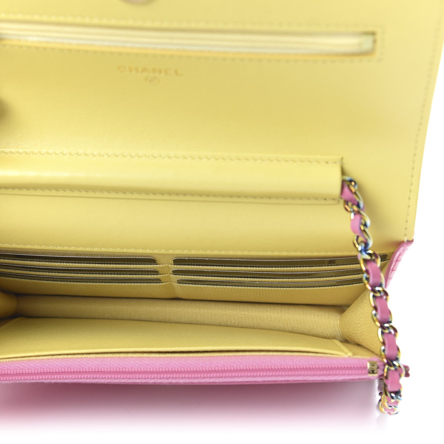 Lambskin Quilted Wallet On Chain WOC Pink Yellow