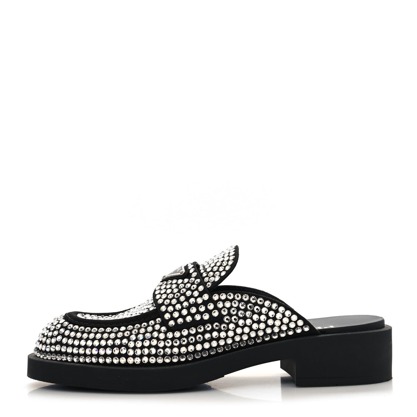 Satin Crystal Metal Triangle Logo 40mm Loafer Mules 39.5 Cristal