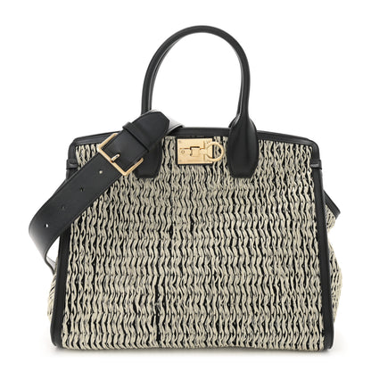 Salvatore Ferragamo Raffia Large Studio Bag Black White 1 of 11