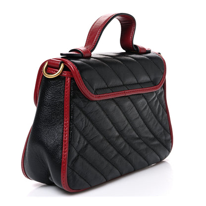 Gucci Vintage Effect Calfskin Matelasse Diagonal Mini Torchon GG Marmont Top Handle Shoulder Bag Black Romantic Cherry 3 of 10