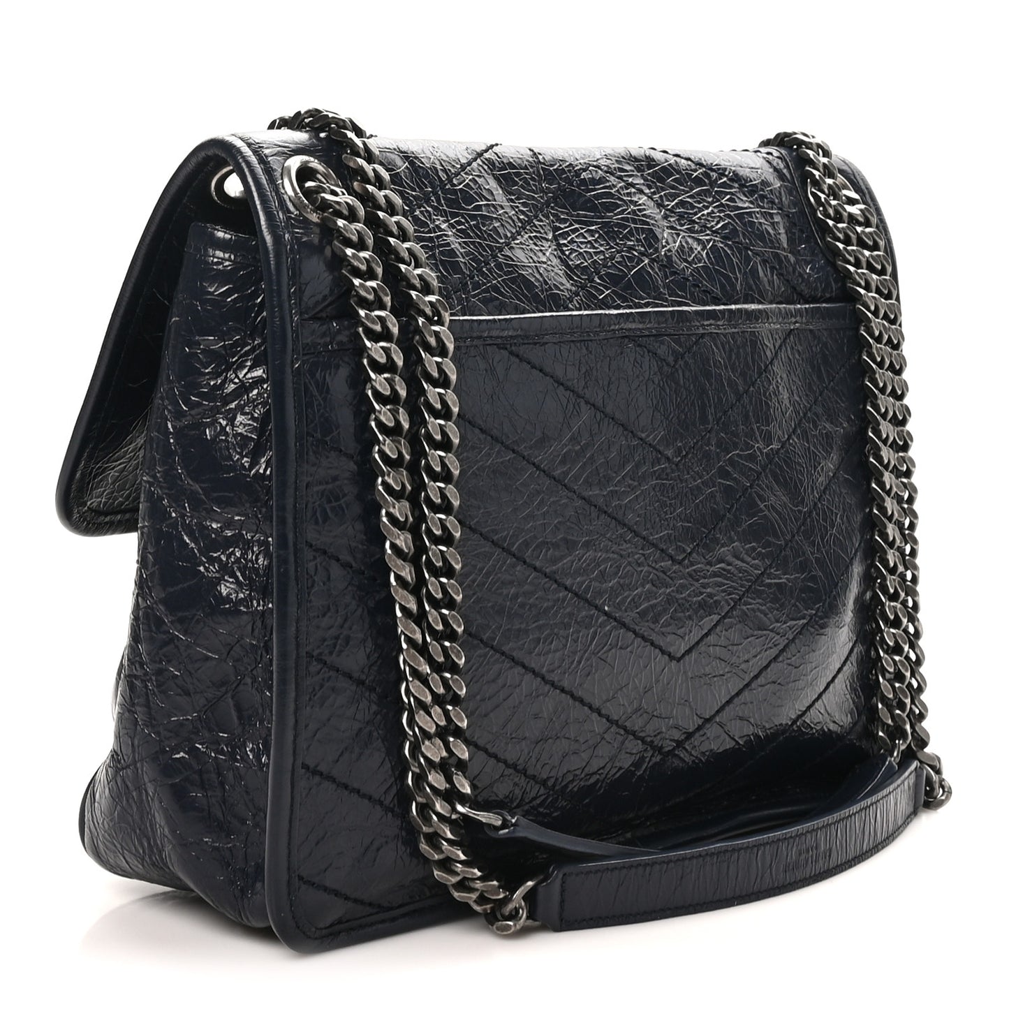 Crinkled Calfskin Matelasse Monogram Medium Niki Chain Satchel Deep Marine