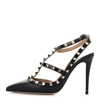 Valentino Garavani Pebbled Calfskin Rockstud Ankle Strap 100mm Pumps 38 Black 1 of 10
