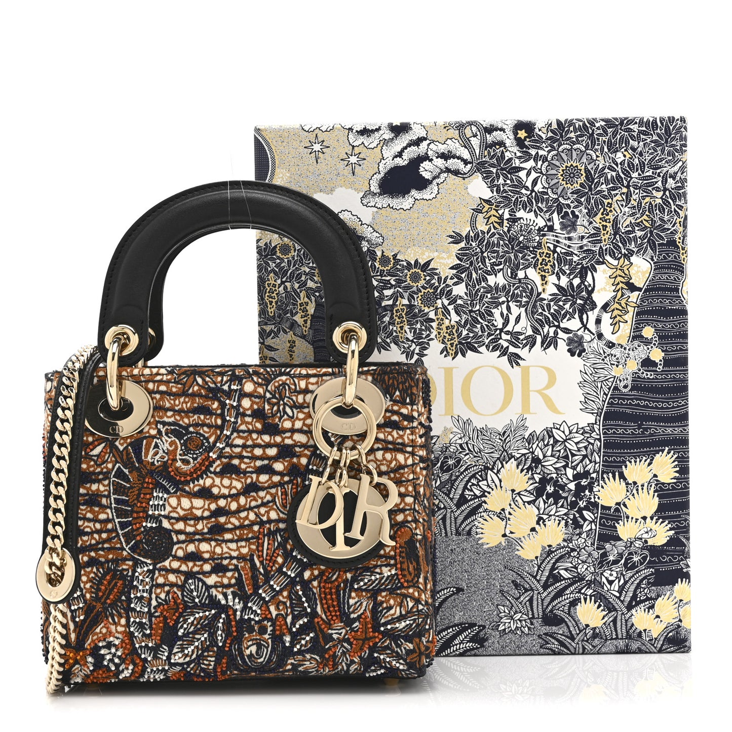 Smooth Calfskin Beaded Animals Mini Lady Dior Orange Multicolor