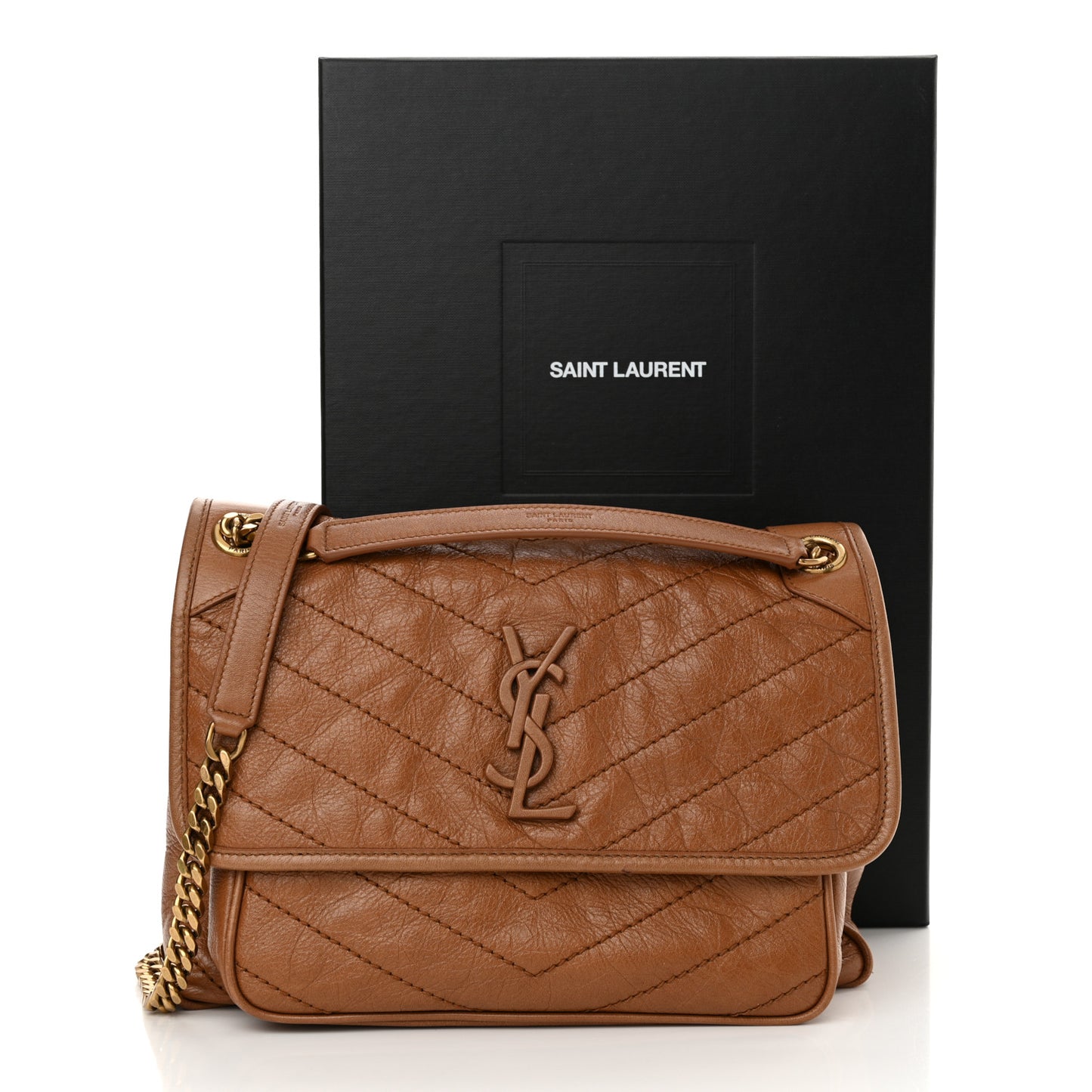 Crinkled Calfskin Matelasse Monogram Medium Niki Chain Satchel Caramel