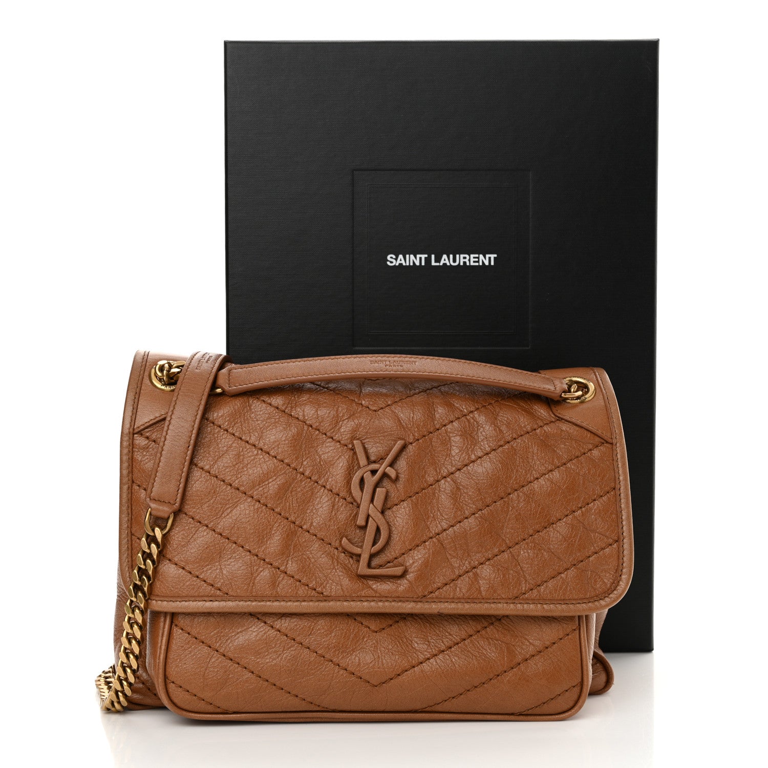 Saint Laurent Crinkled Calfskin Matelasse Monogram Medium Niki Chain Satchel Caramel 12 of 12