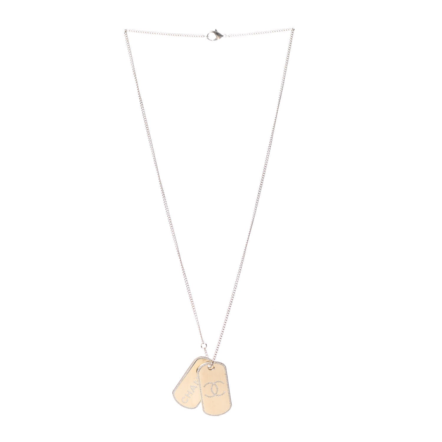 Chanel Metal Crystal Dog Tag Charm Necklace Gold 3 of 7