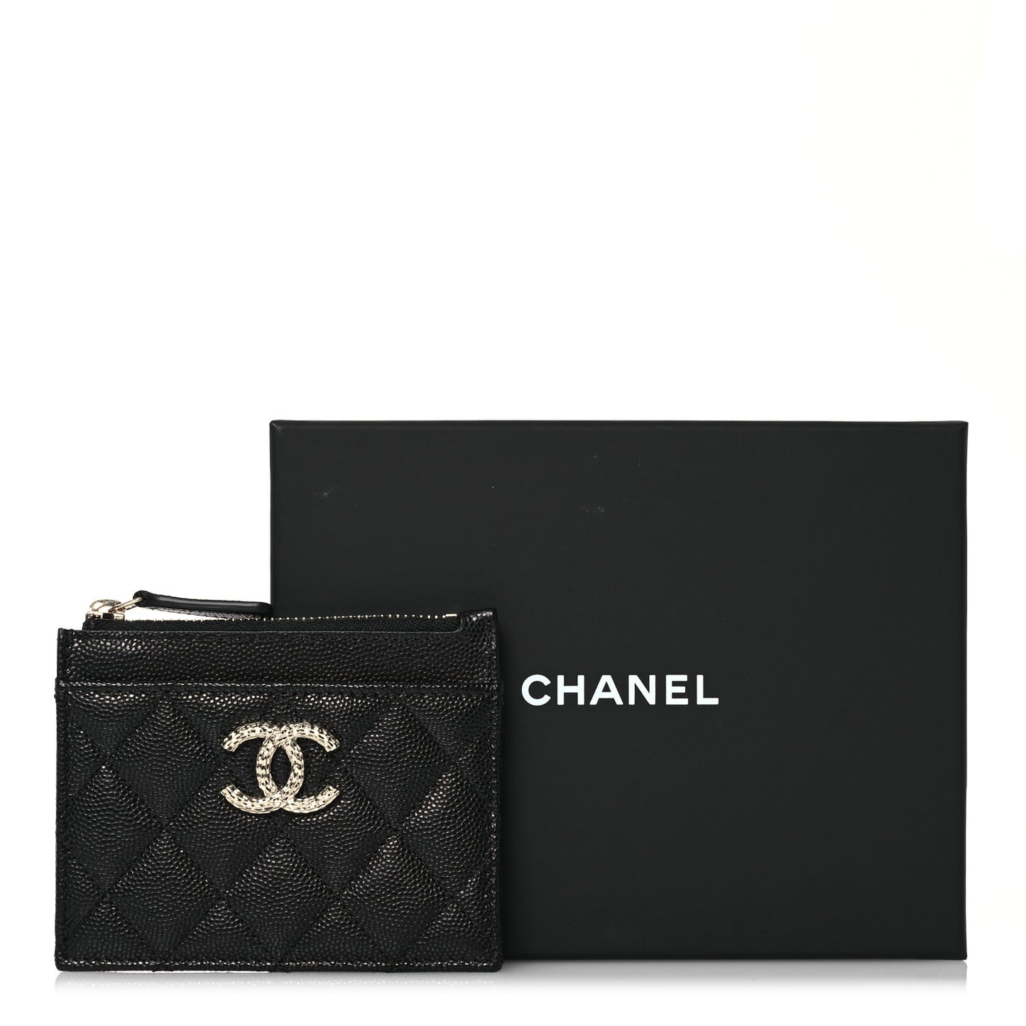 Caviar Quilted CC Logo Zip Card Holder Black