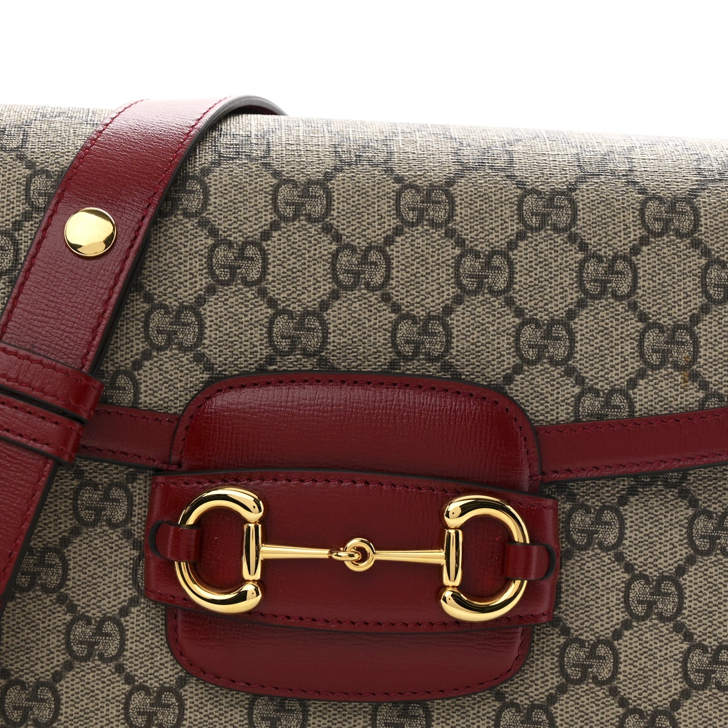 GG Supreme Monogram Azalea Calfskin Horsebit 1955 Shoulder Bag Beige Ebony New Cherry Red