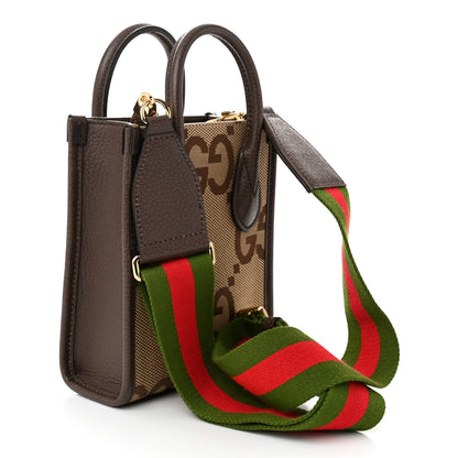 Gucci Monogram Jumbo GG Textured Dollar Calfskin Web Mini Vertical Tote Camel Ebony New Acero 3 of 10