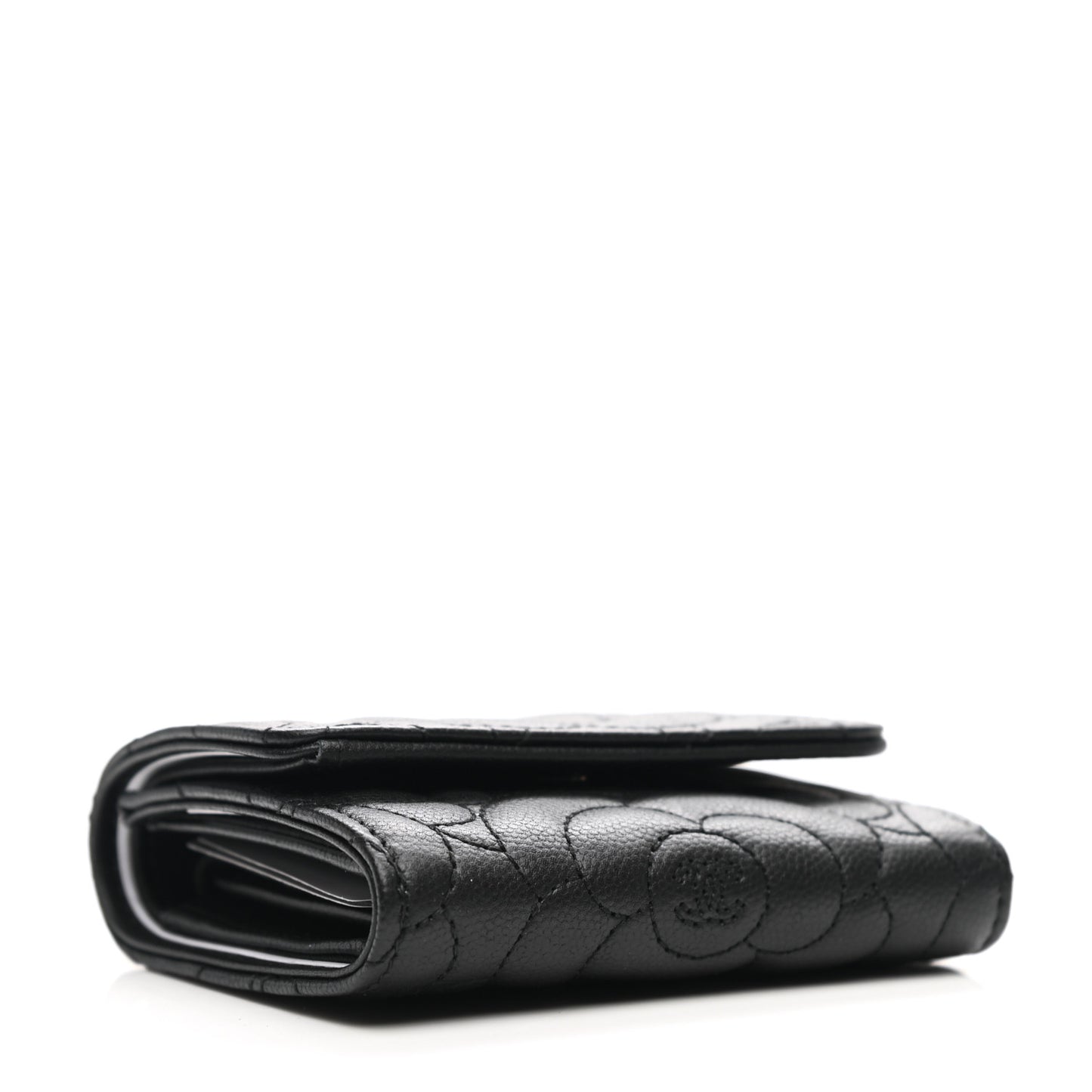 Caviar Camellia Embossed Compact Wallet Black