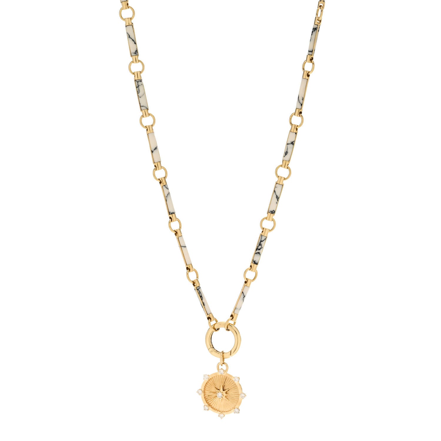 Foundrae 18K Yellow Gold Diamond Howlite Baby Spark Medallion Chain Choker Necklace 1 of 4