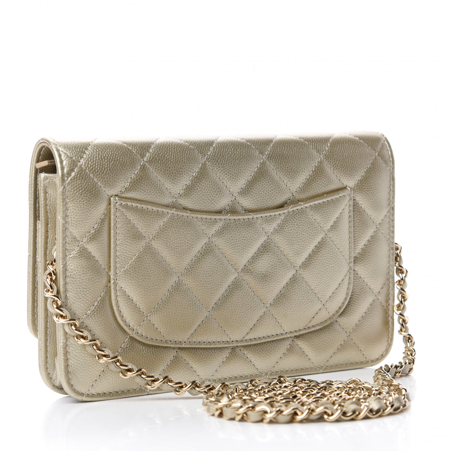 Metallic Caviar Quilted Wallet on Chain WOC Gold