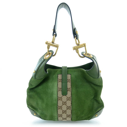 Gucci Suede Monogram Web Piston Lock Jackie O Hobo Green 3 of 10