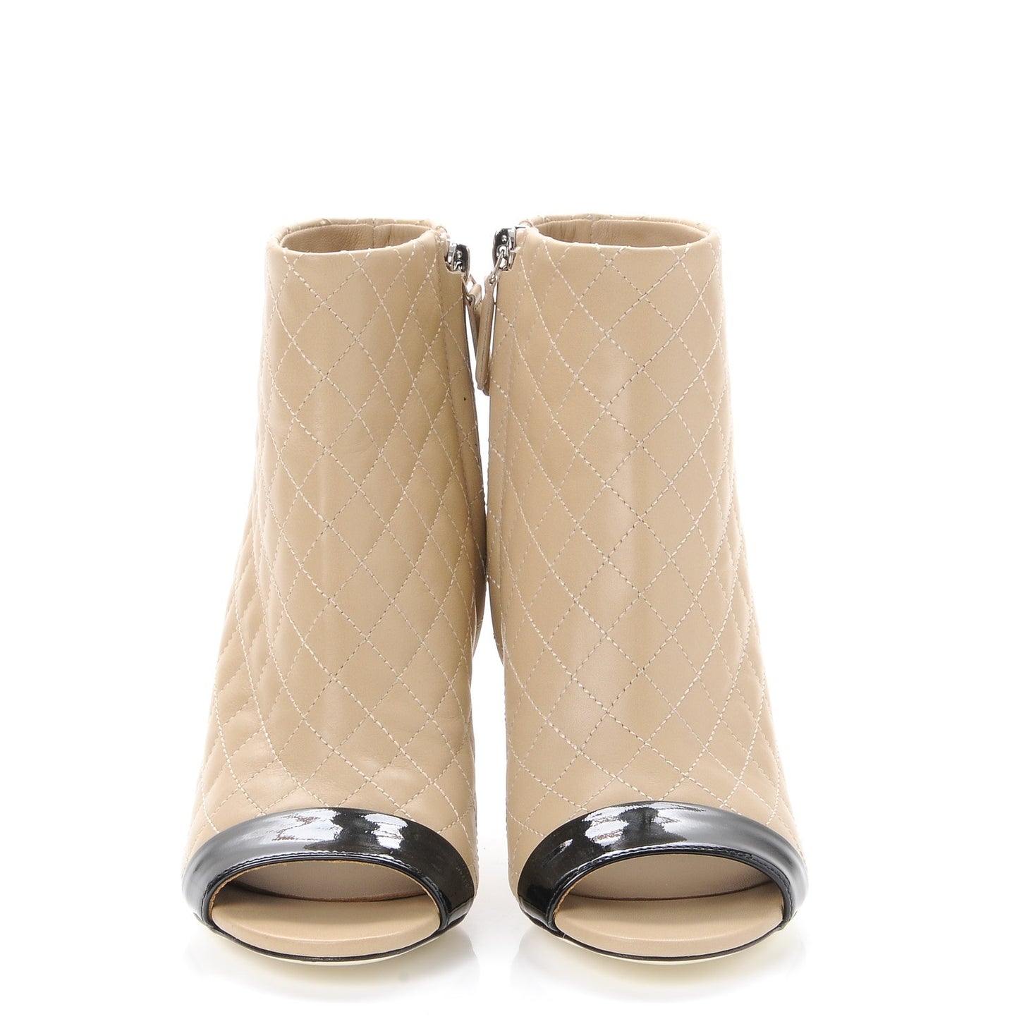 Calfskin Quilted Patent Short Boots 35.5 Beige Black