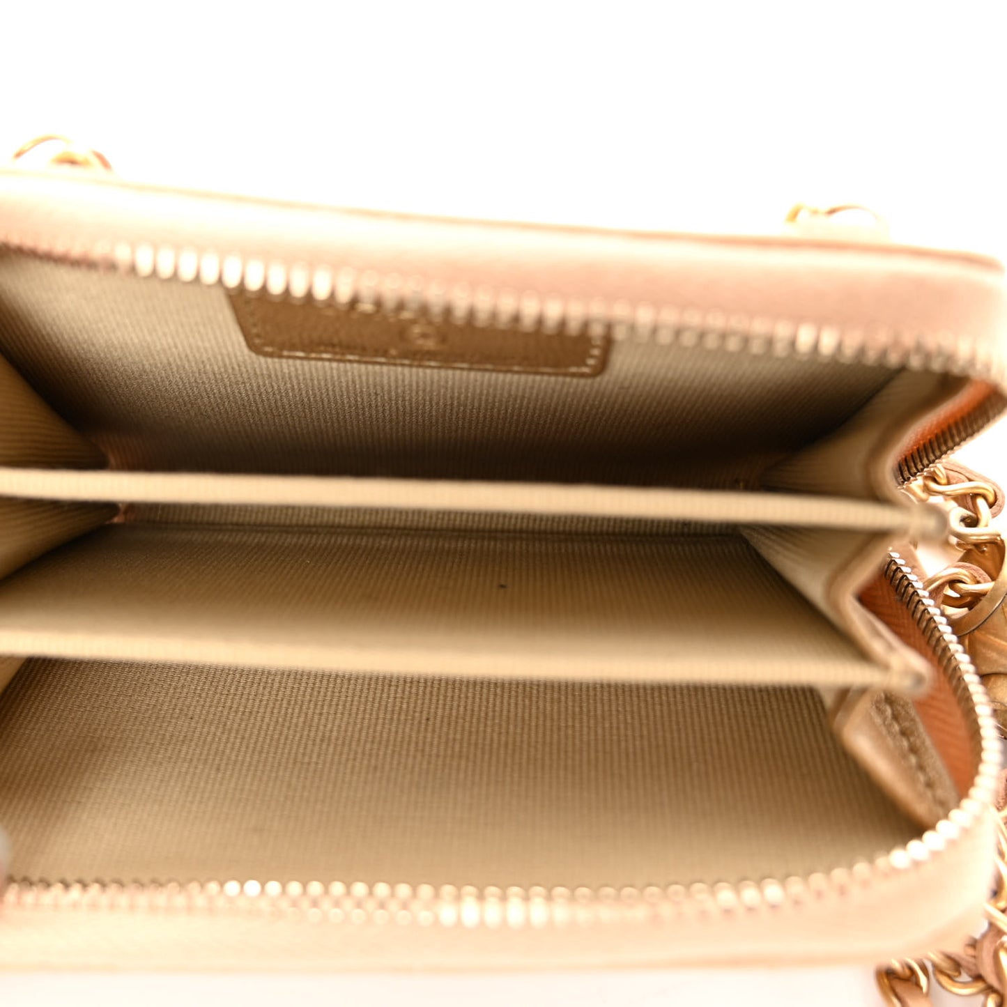 Lambskin Quilted CC Pearl Crush Zip Card Holder On Chain Beige