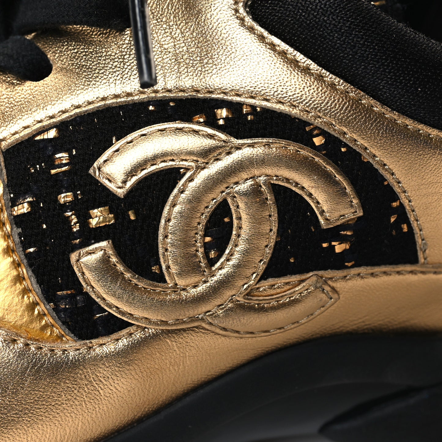 Satin Lambskin Fabric Tweed CC Sneakers 38.5 Gold Black