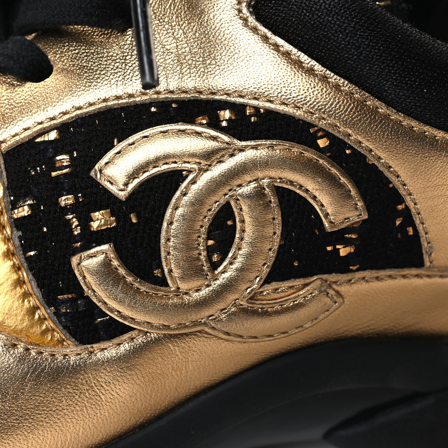 Chanel Satin Lambskin Fabric Tweed CC Sneakers 38.5 Gold Black 12 of 13