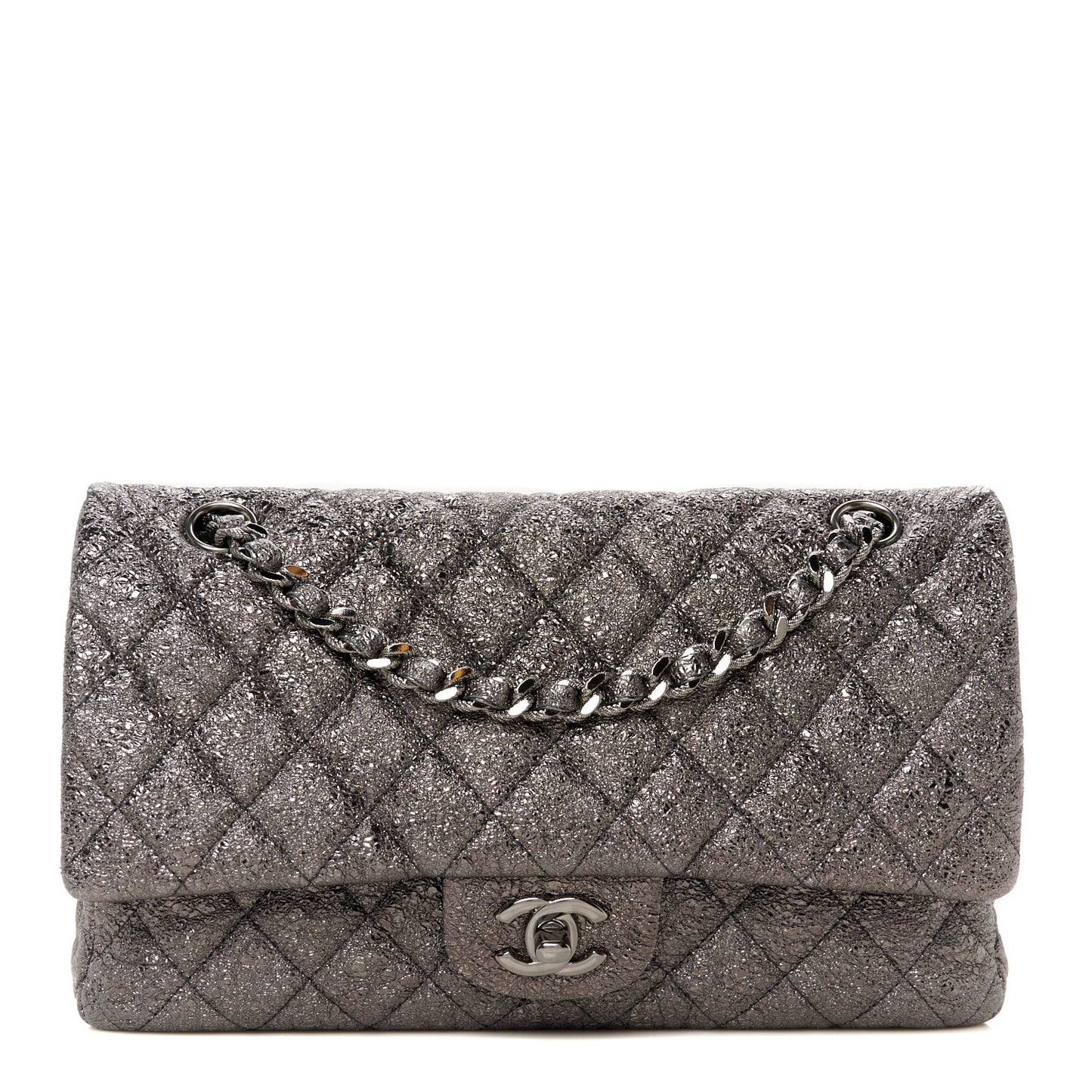 Metallic Crackled Calfskin Medium Double Flap Dark Silver