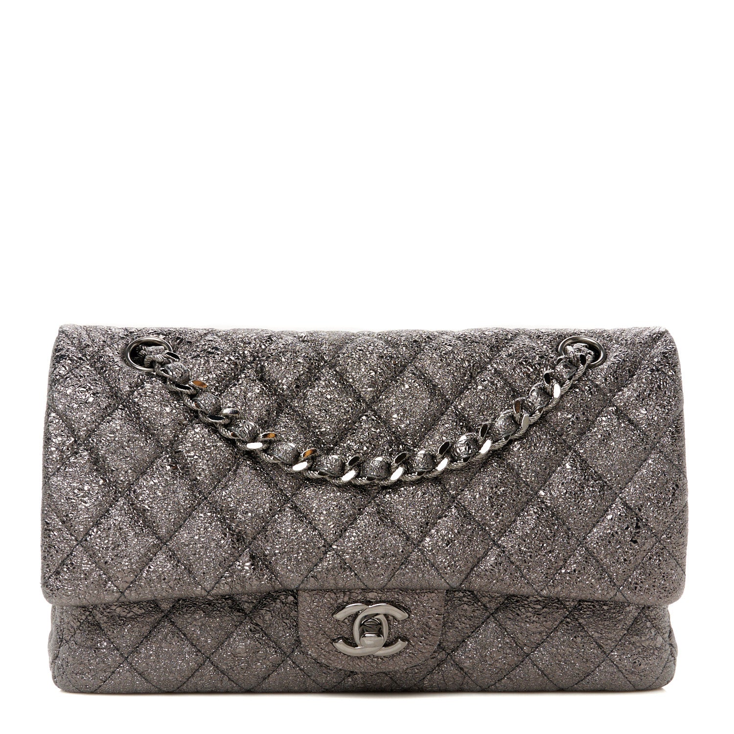 Chanel Metallic Crackled Calfskin Medium Double Flap Dark Silver 1 of 11