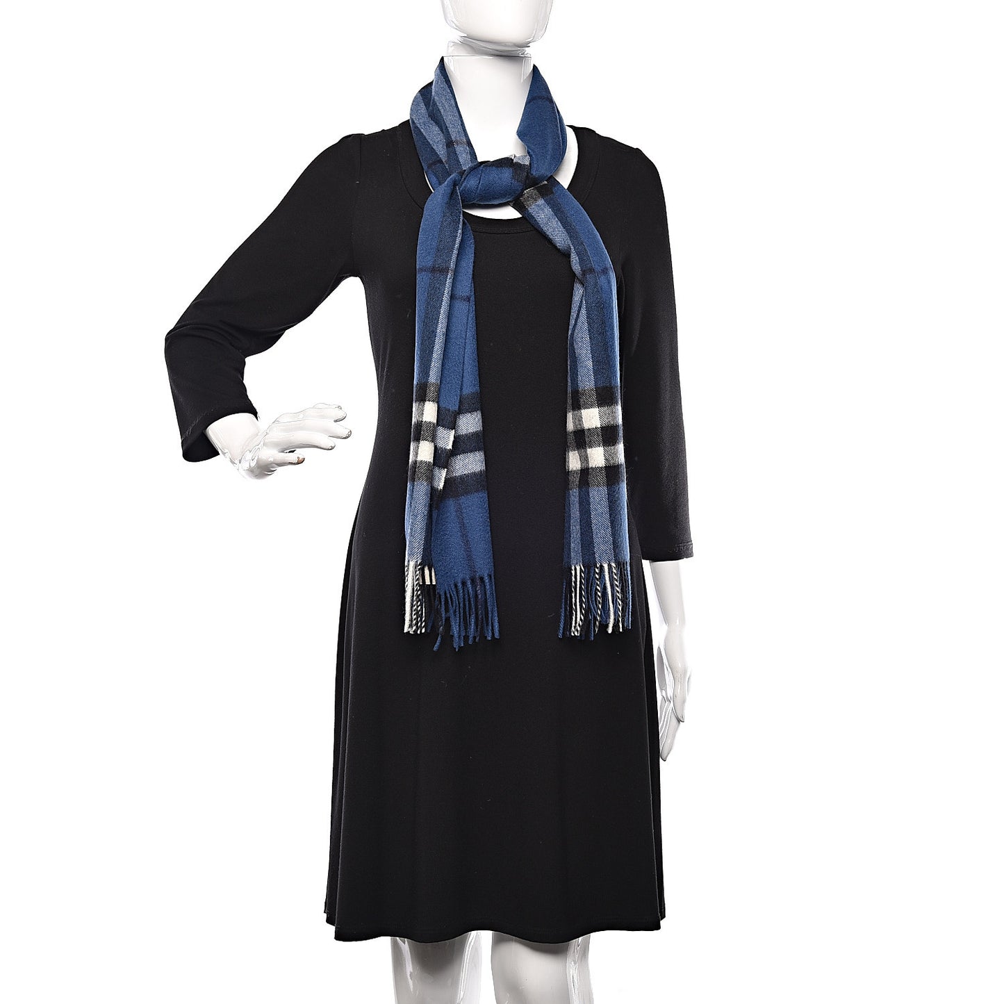 Cashmere Giant Check Fringe Scarf Blue