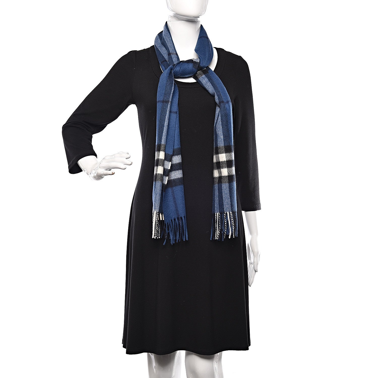 Burberry Cashmere Giant Check Fringe Scarf Blue 1 of 5