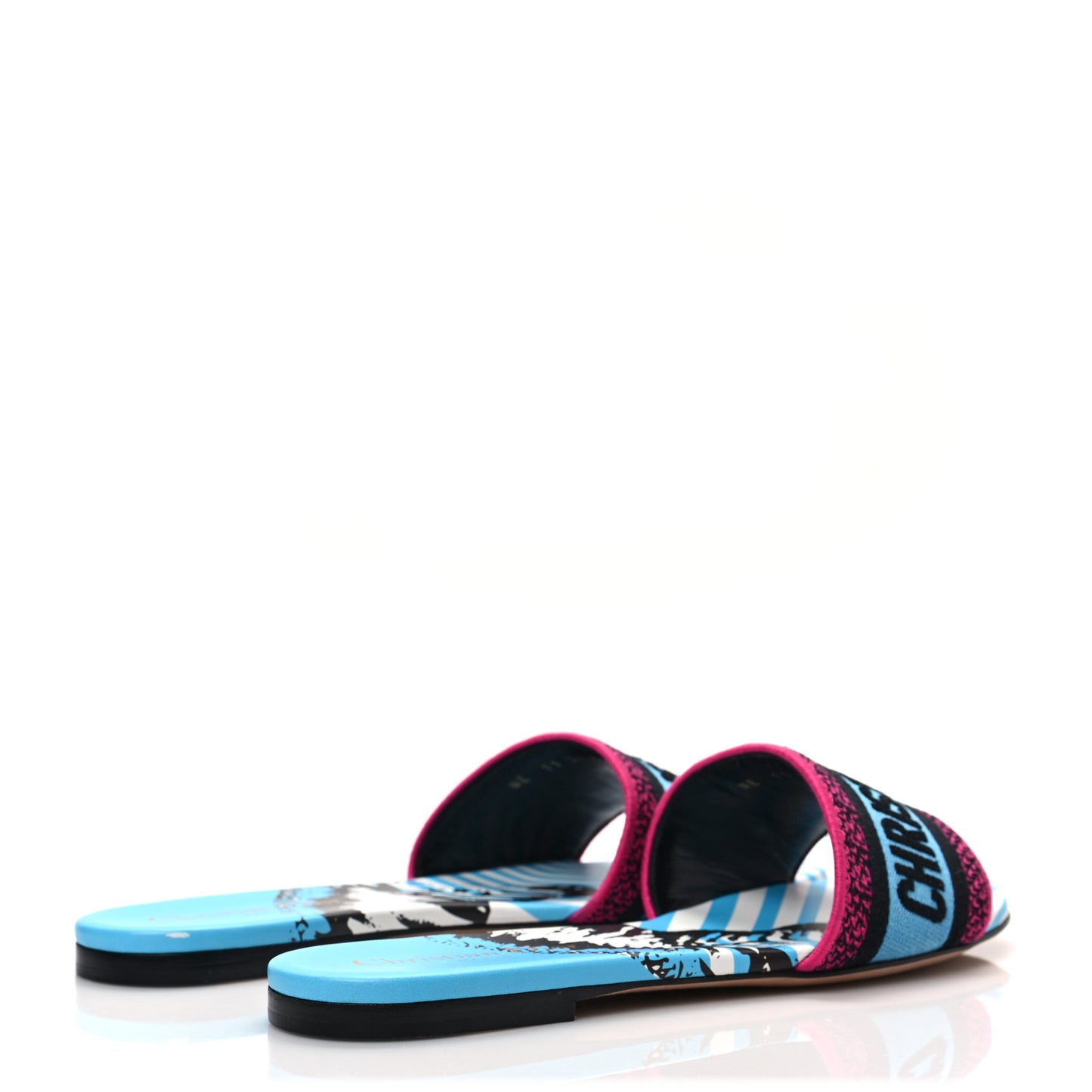 Canvas D-Jungle Pop Embroidered Dway Flat Slide Sandals 38.5 Bright Blue Pink Multicolor