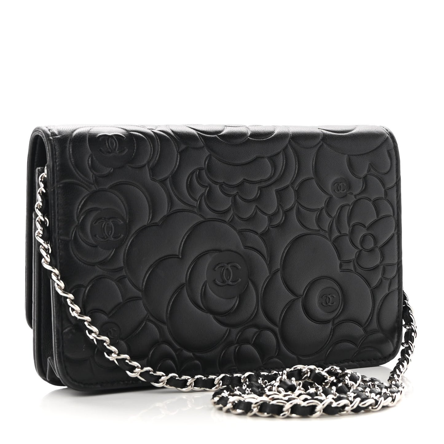 Lambskin Camellia Embossed Wallet on Chain WOC Black