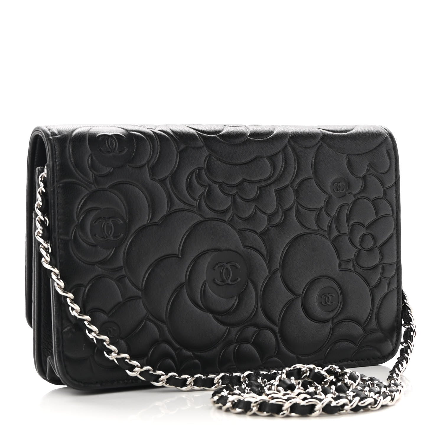 Chanel Lambskin Camellia Embossed Wallet on Chain WOC Black 3 of 11