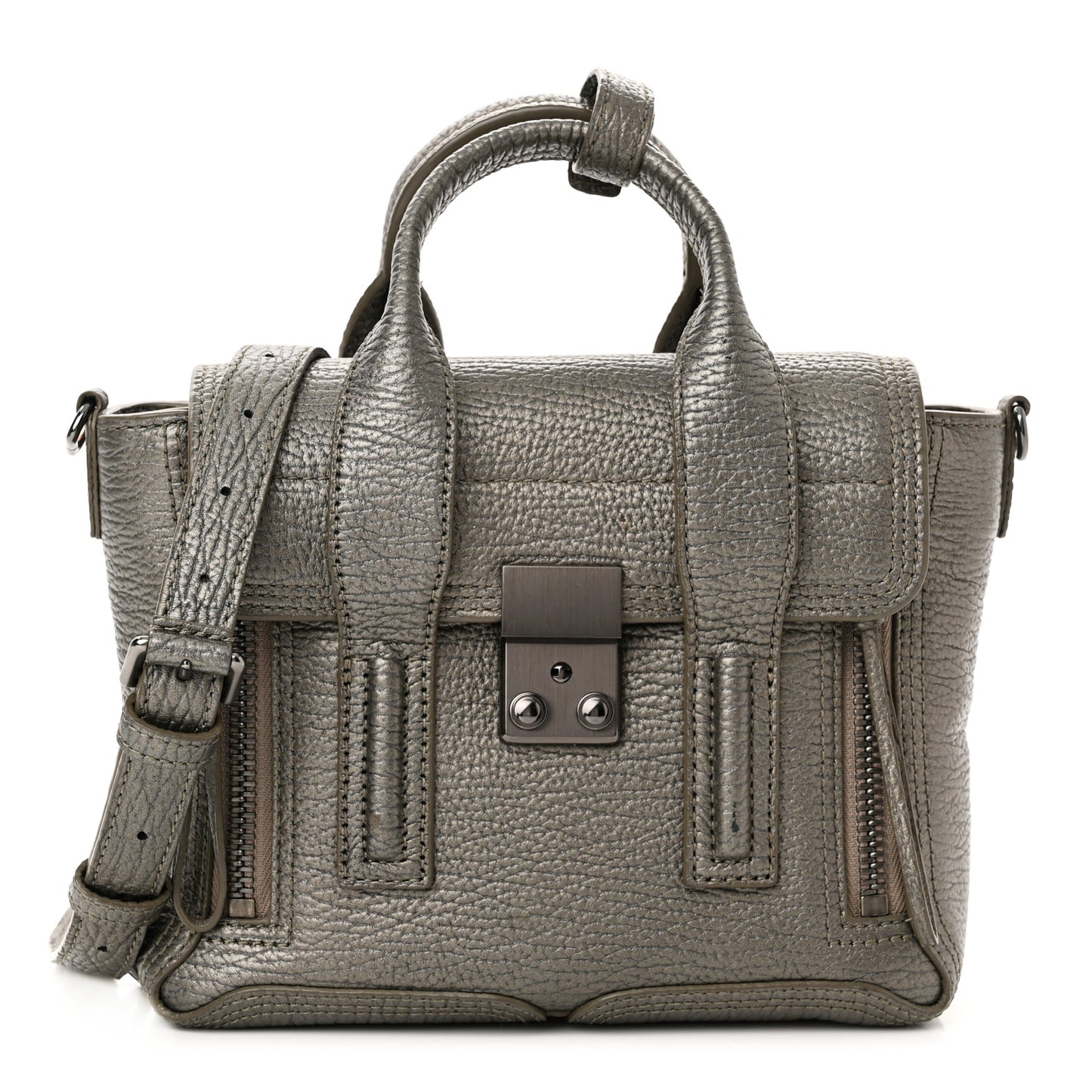 Metallic Textured Calfskin Mini Pashli Satchel Pewter