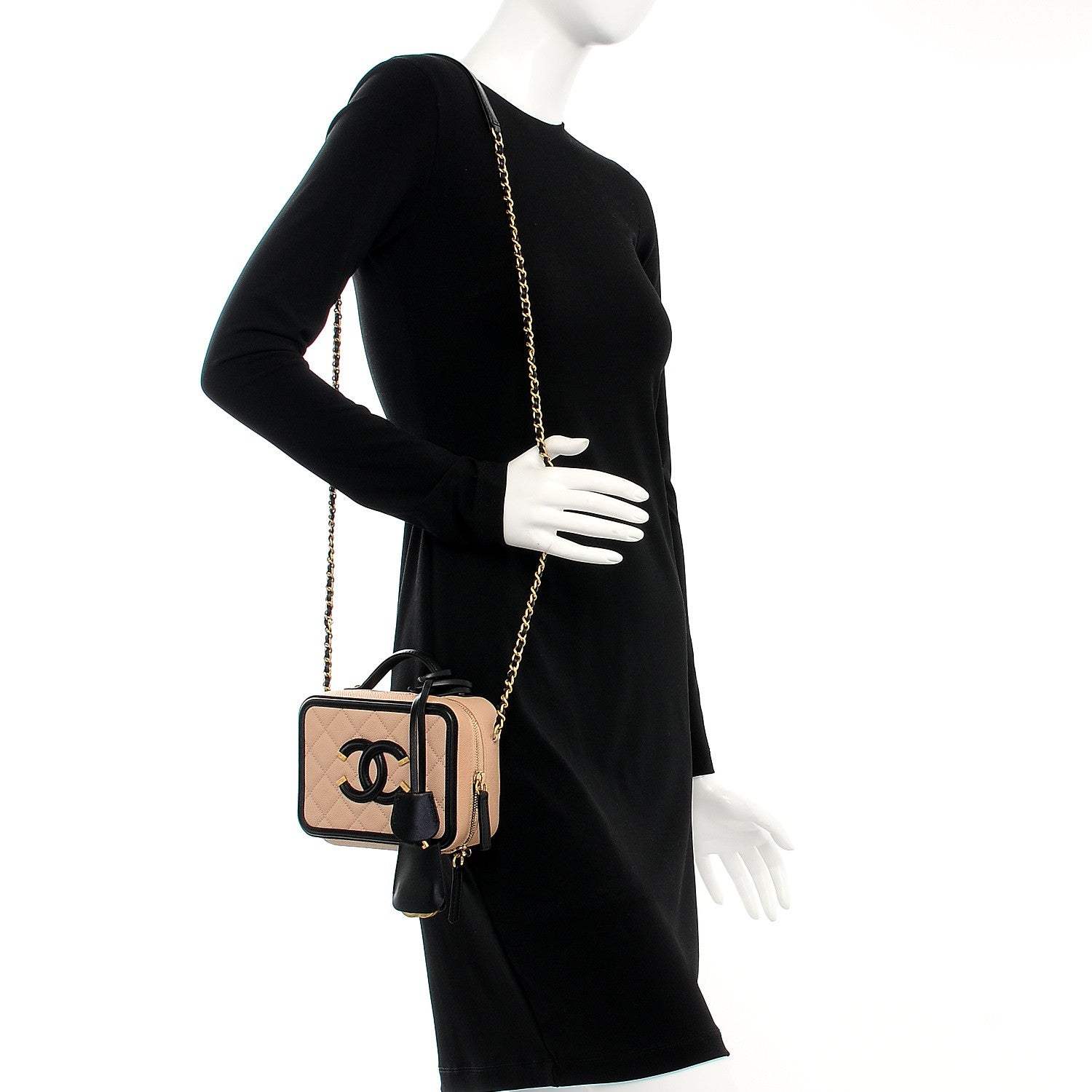 Chanel Caviar Quilted Small CC Filigree Vanity Case Beige Black 2 of 9