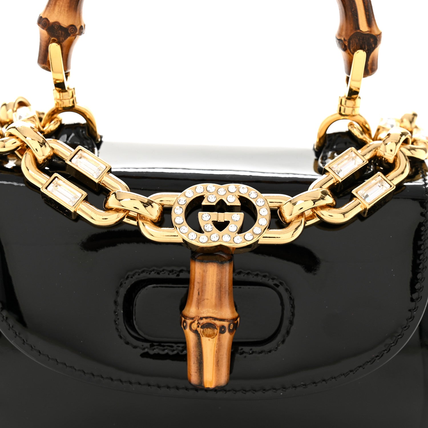 Gucci Patent Crystal Mini Bamboo 1947 Top Handle Chain Bag Black 8 of 11