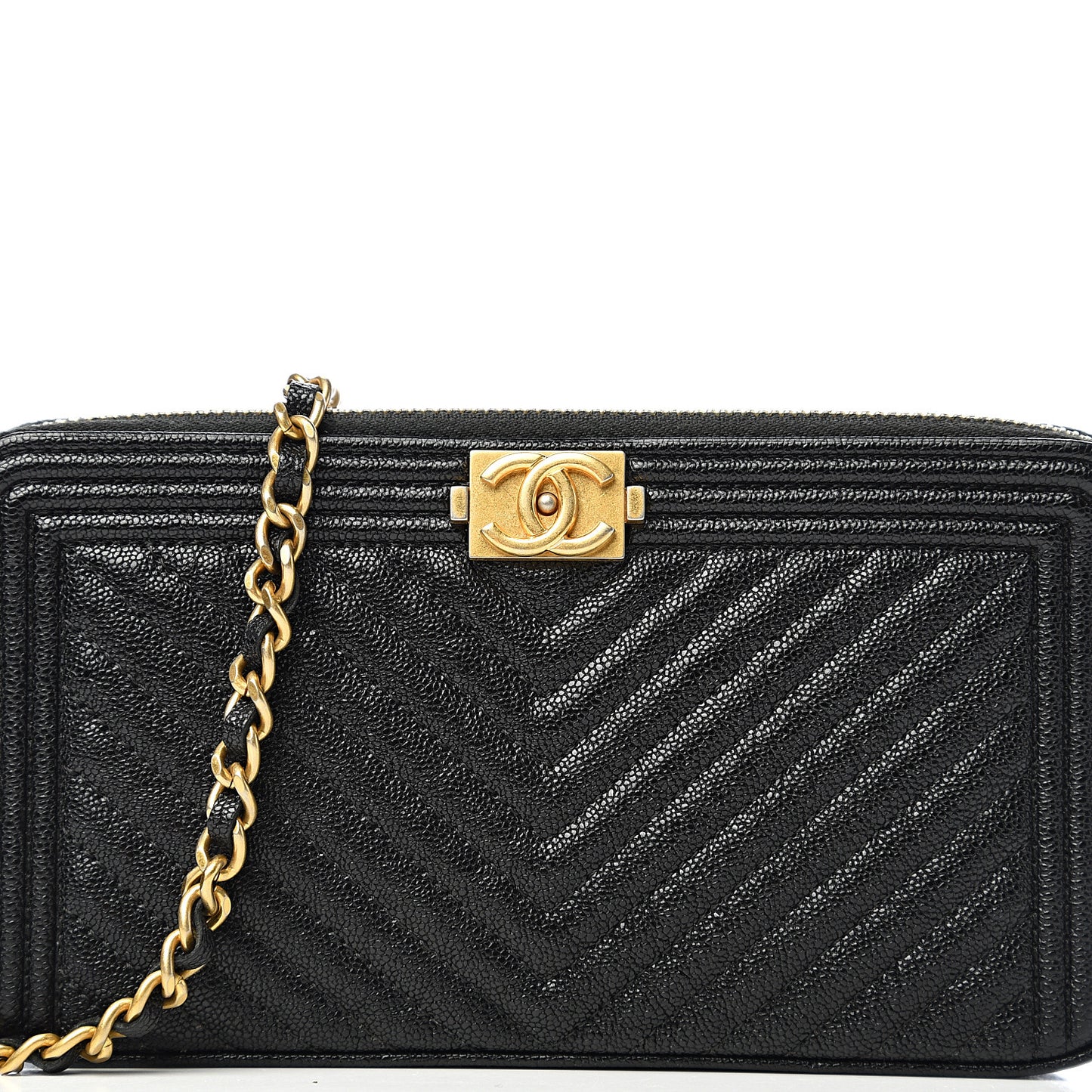 Caviar Chevron Small Boy Clutch With Chain Black