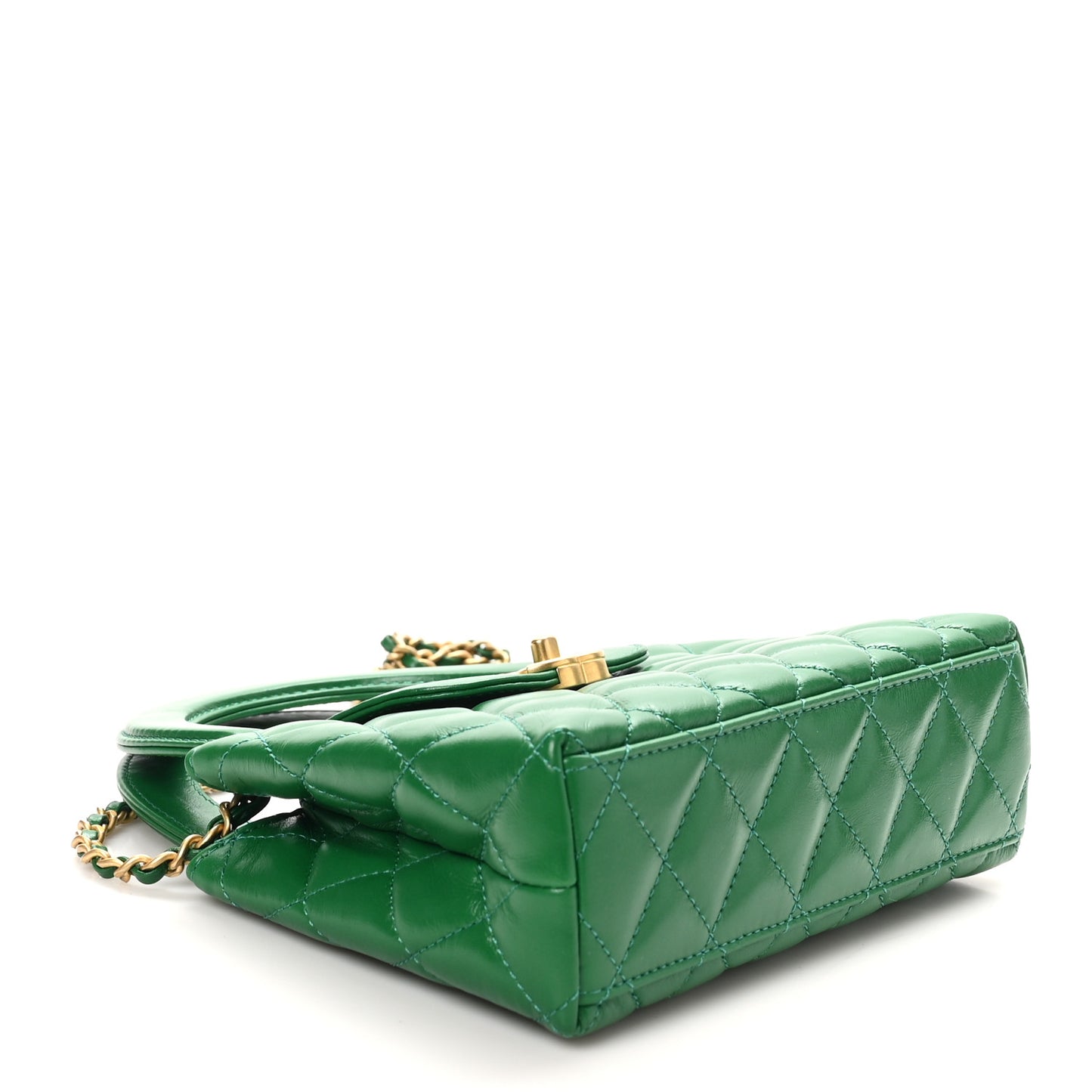 Shiny Aged Calfskin Quilted Nano Kelly Shopper Green