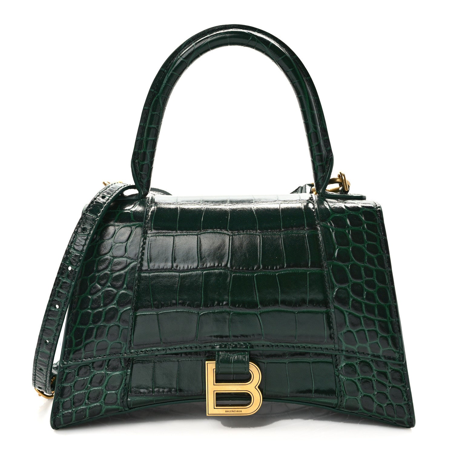 Balenciaga Shiny Calfskin Crocodile Embossed Small Hourglass Top Handle Bag Forest Green 1 of 8