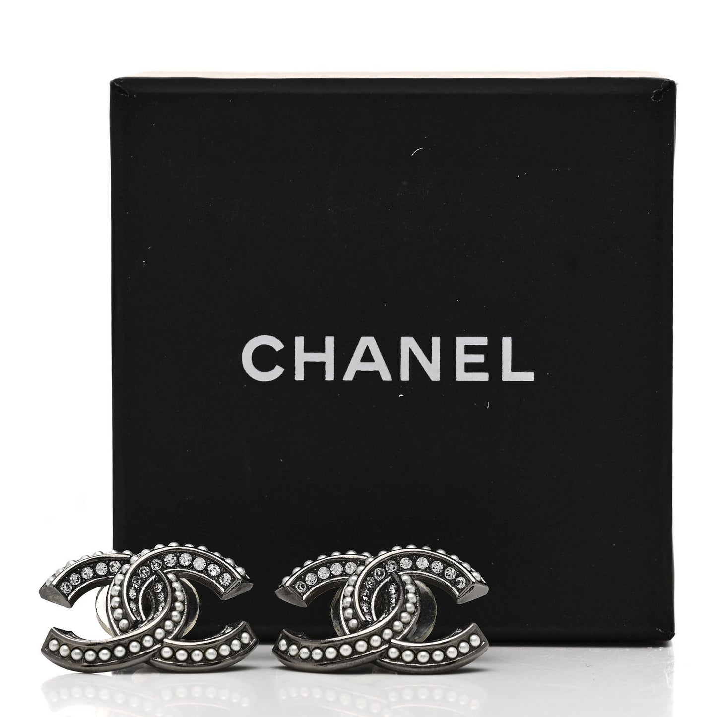 Crystal Pearl Chain Mania CC Earrings Gold