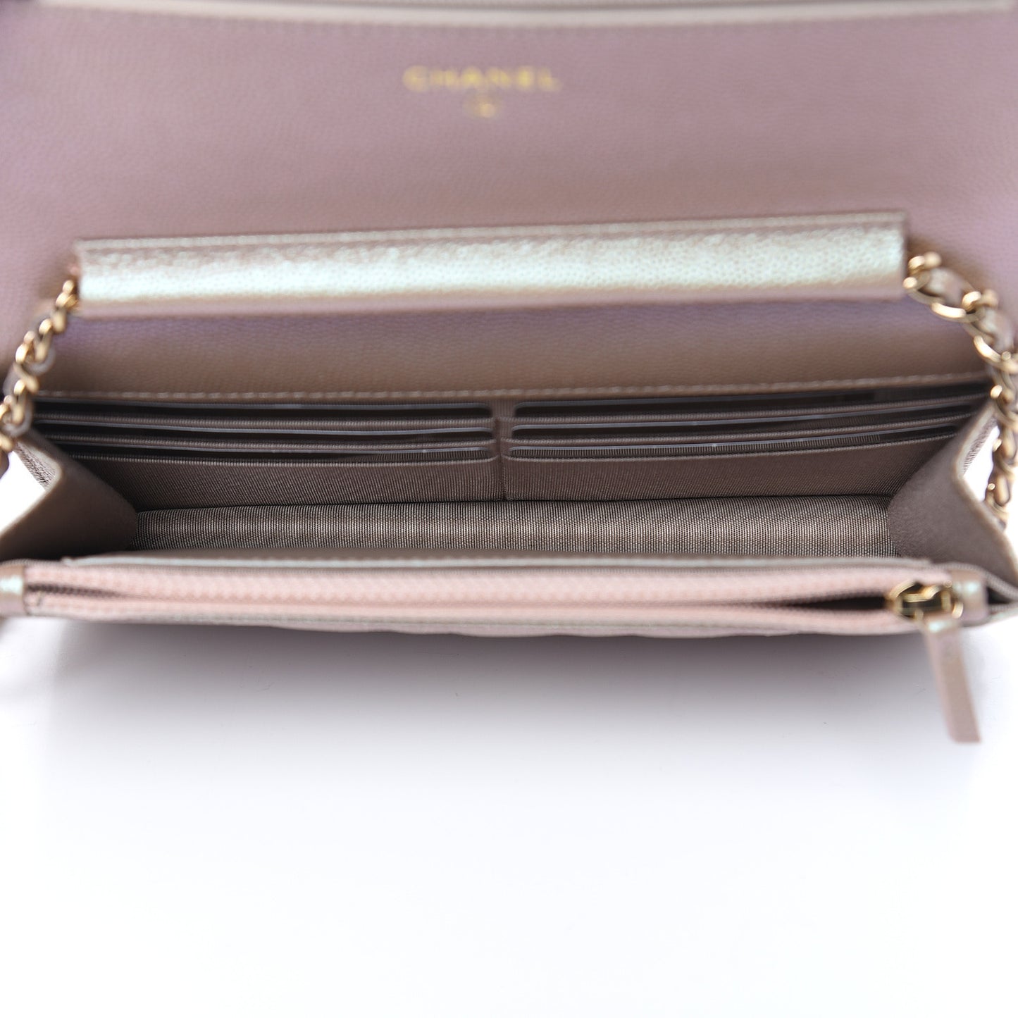 Iridescent Caviar Quilted Wallet On Chain WOC Beige