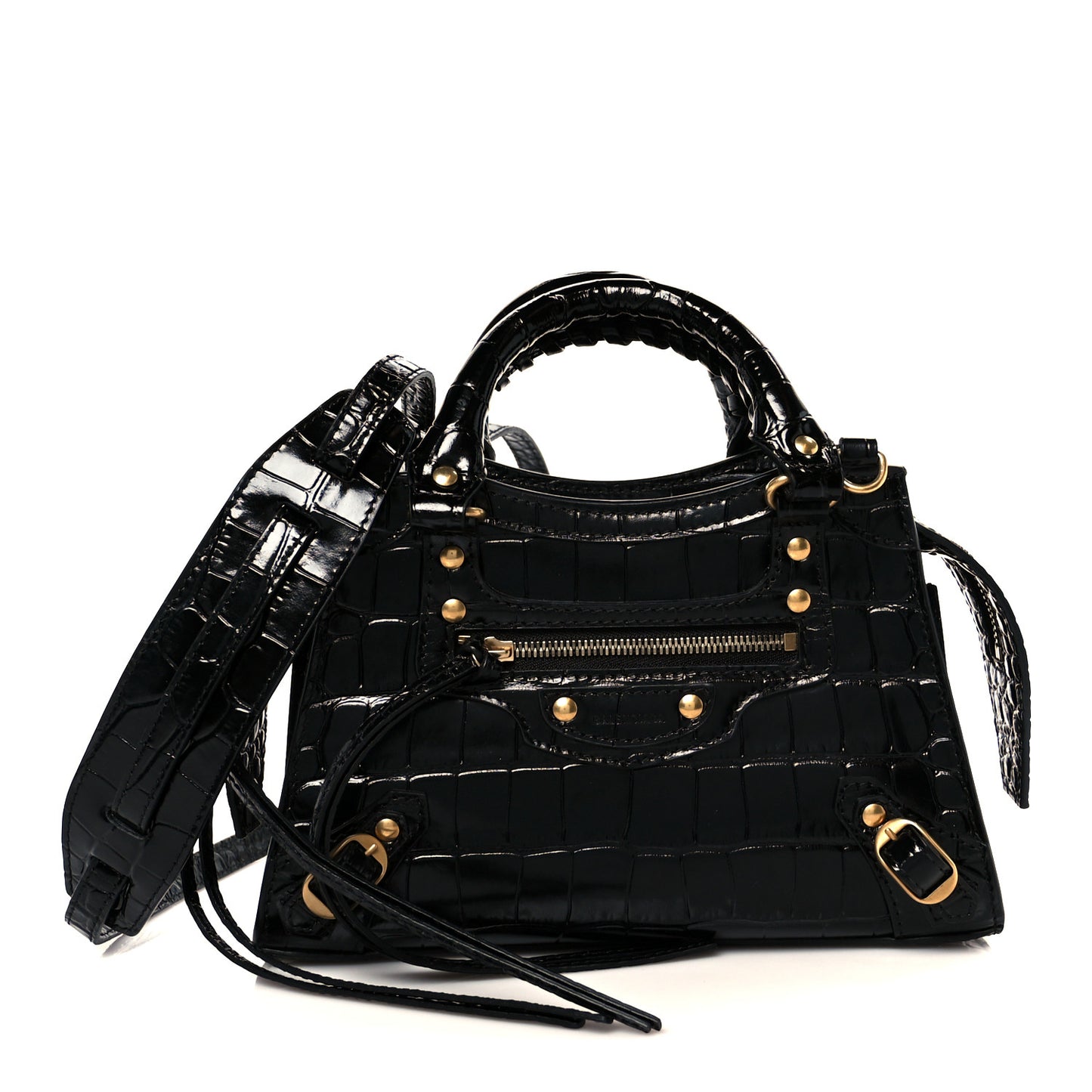 Shiny Supple Calfskin Crocodile Embossed Neo Classic Gold Hardware Mini City Black