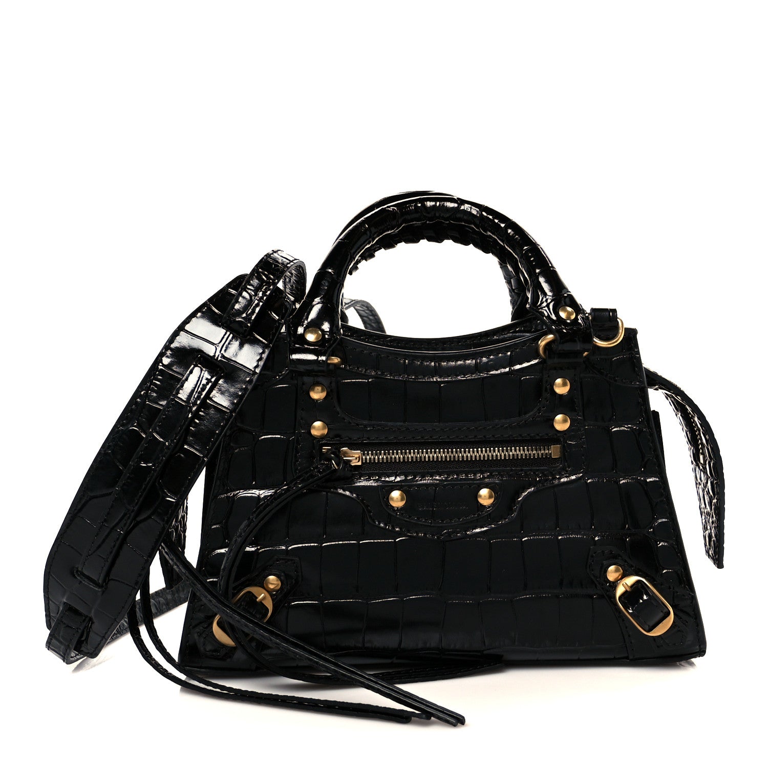 Balenciaga Shiny Supple Calfskin Crocodile Embossed Neo Classic Gold Hardware Mini City Black 1 of 11
