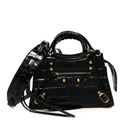 Balenciaga Shiny Supple Calfskin Crocodile Embossed Neo Classic Gold Hardware Mini City Black 1 of 11