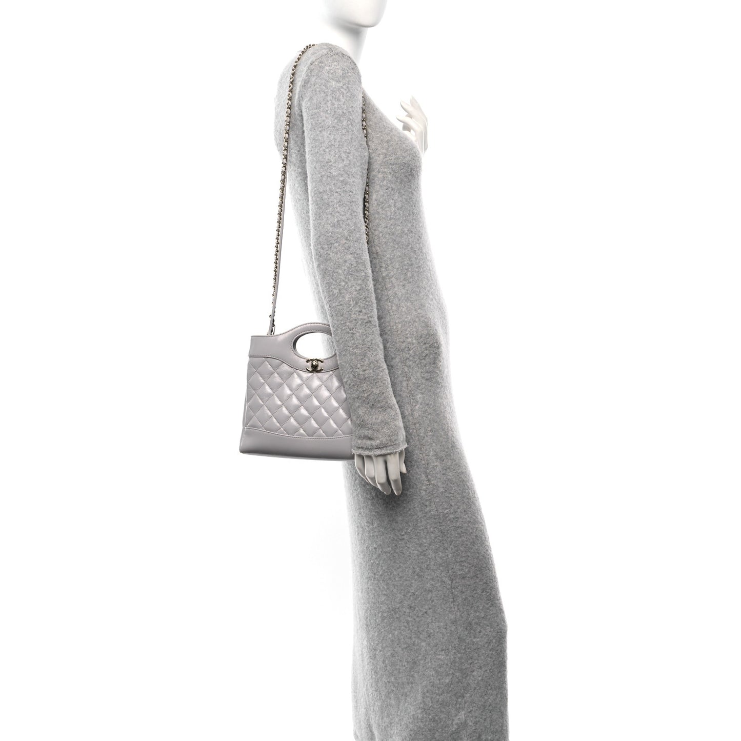 Shiny Crumpled Lambskin Quilted Mini 31 Shopping Bag Grey