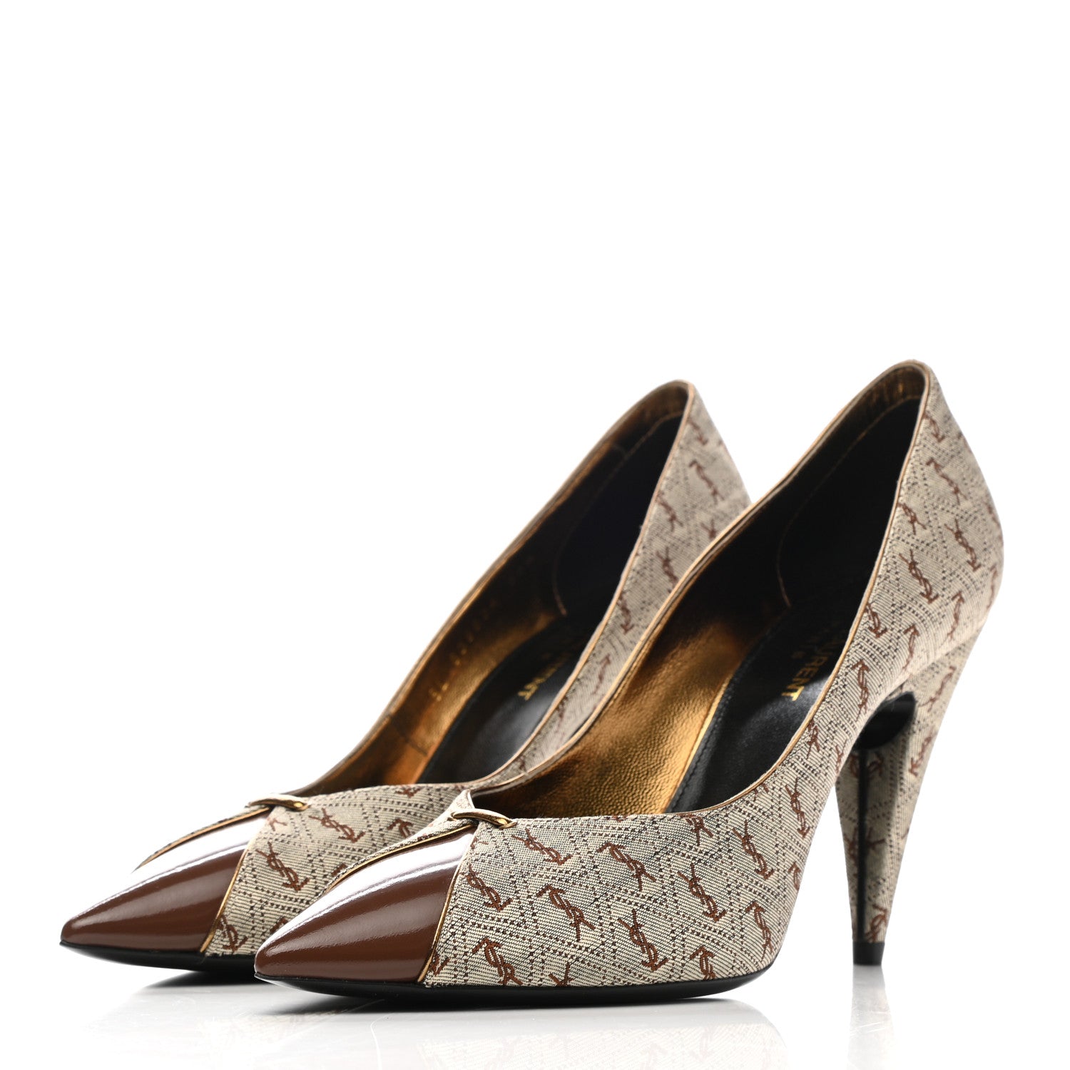 Saint Laurent Silk Blend Monogram Lola Cap Toe Pumps 38.5 Beige 3 of 8