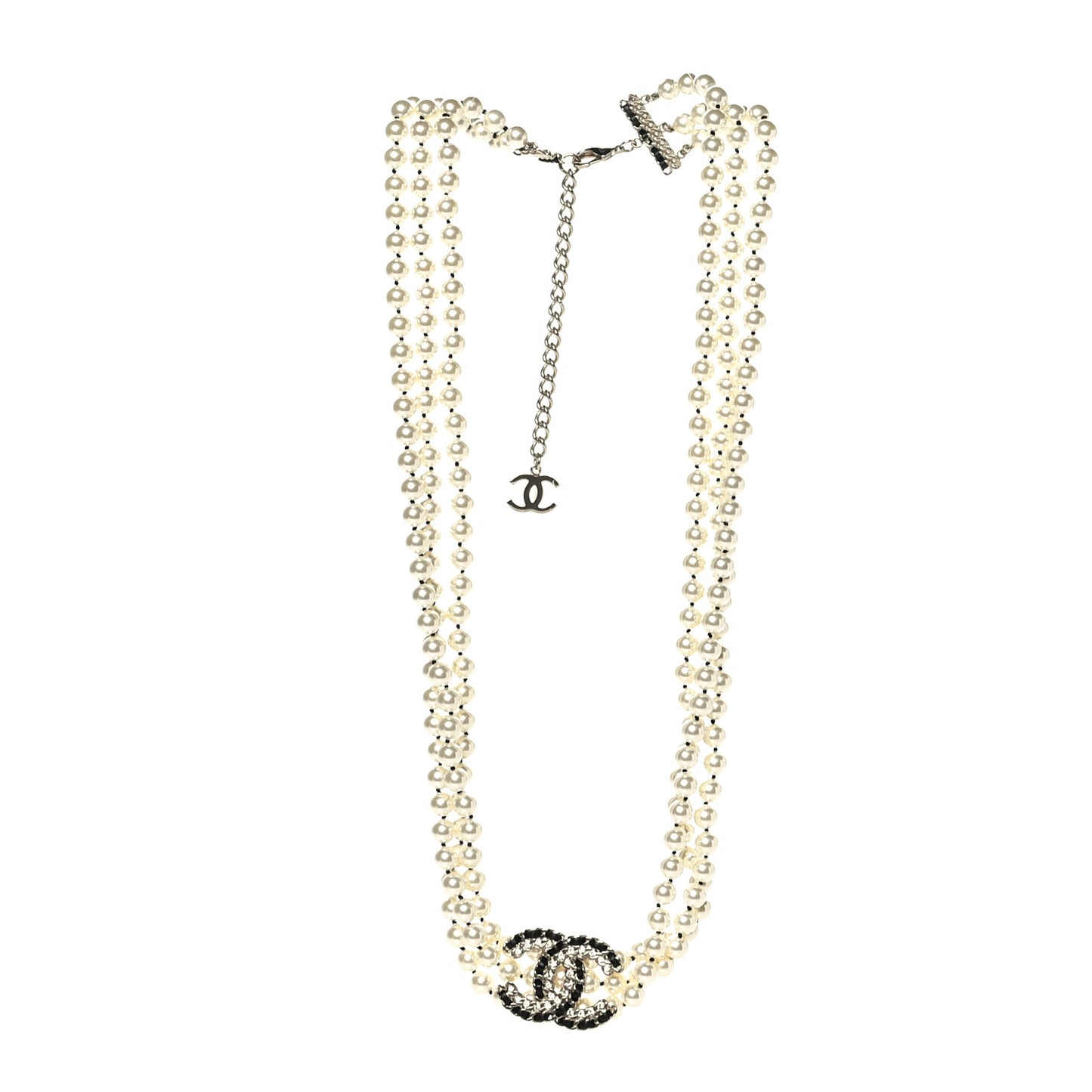 Pearl Chain Lambskin Multi-Strand CC Necklace Black Gold