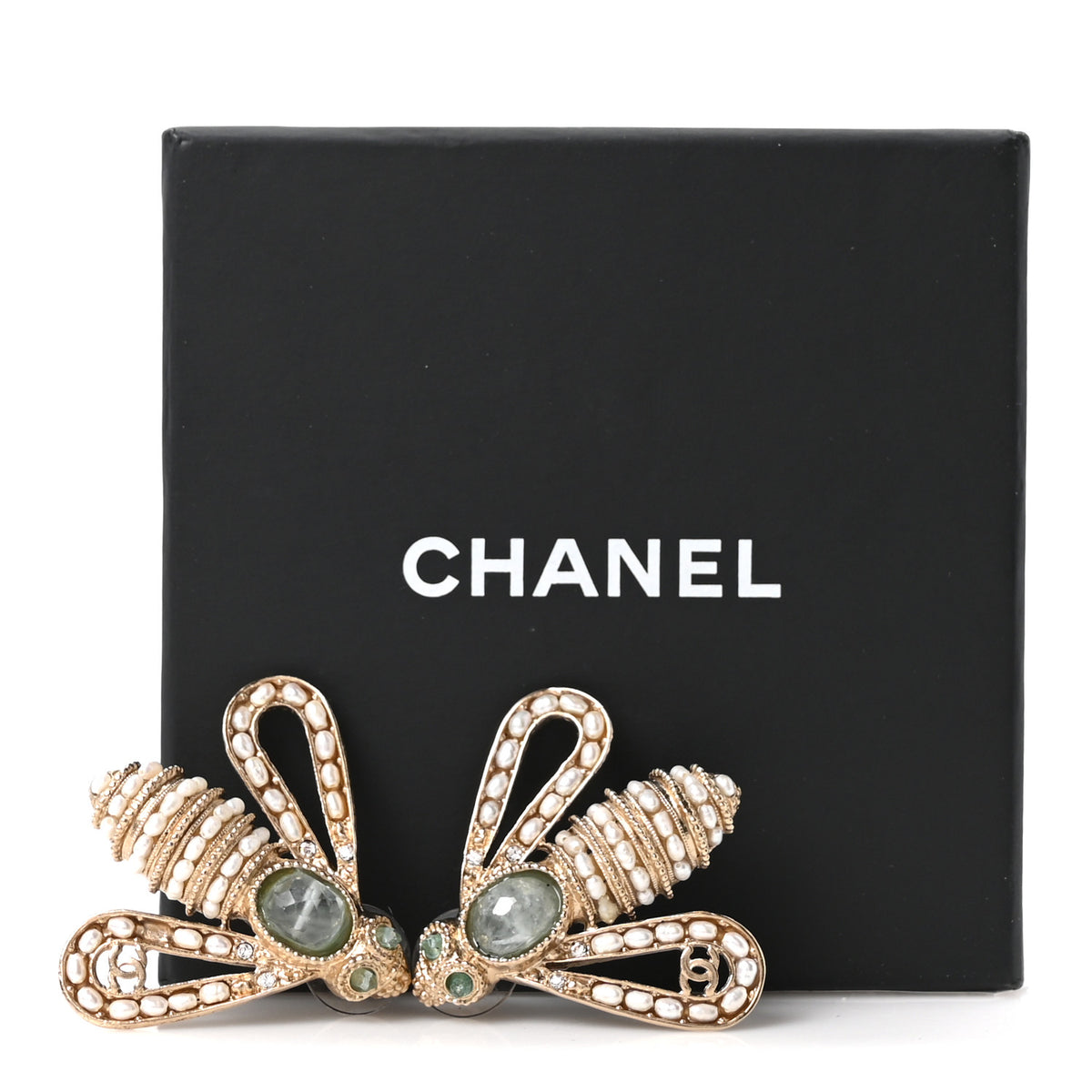 Chanel Metal Crystal Pearl Resin CC Bee Earrings Gold Turquoise 5 of 5